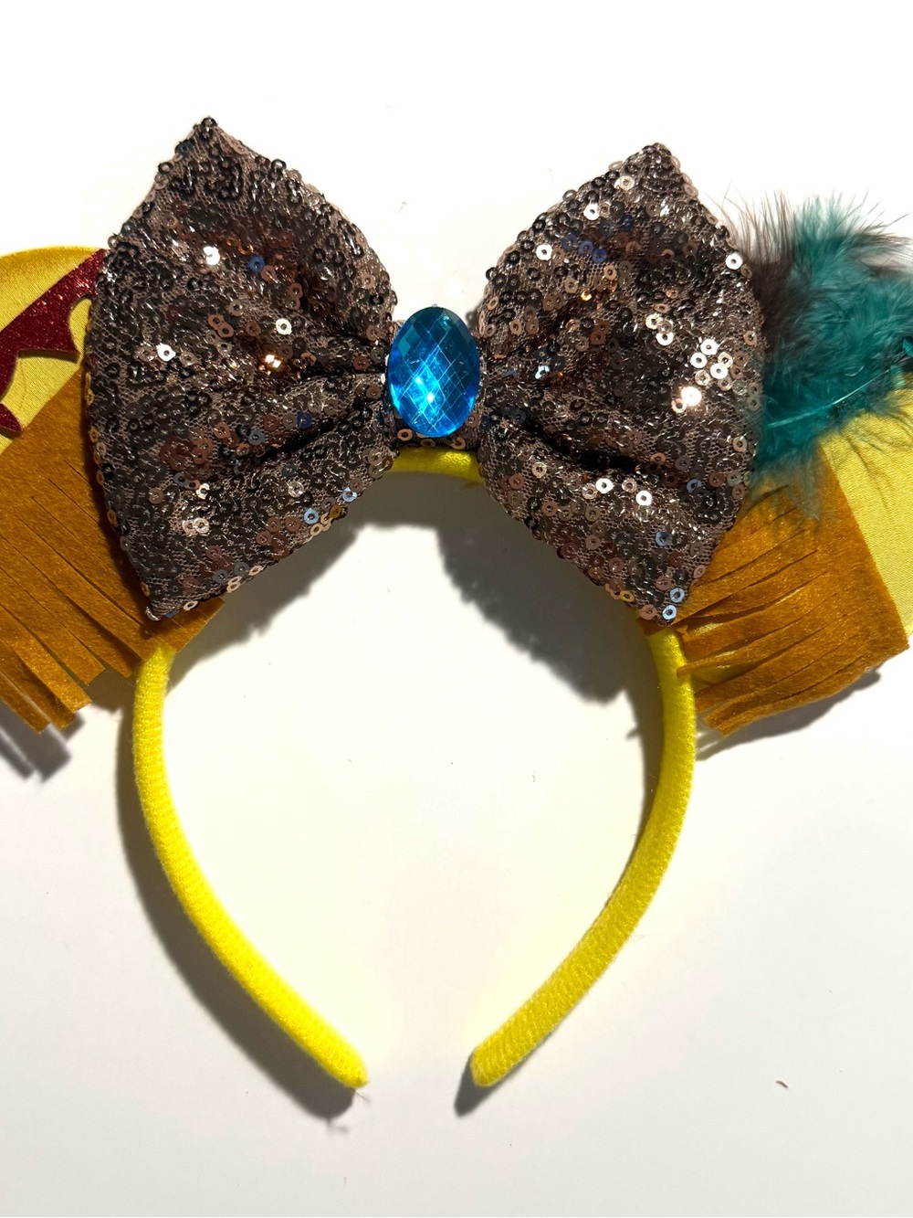 Pocahontas Sequin Bow Kids Headband with Gem and Feather - Yellow